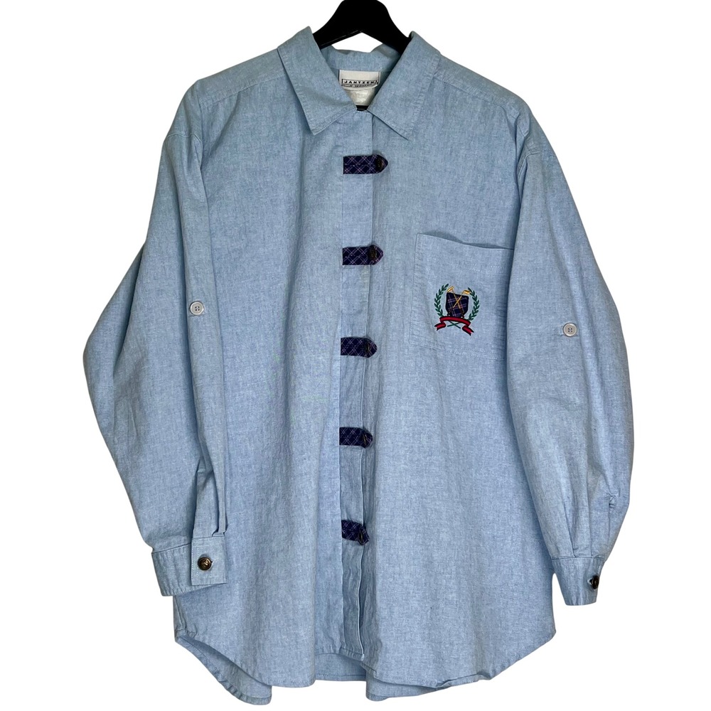 Jantzen Woman Light Blue Button Up Shirt Embroidered Crest Plaid Trim Size XL